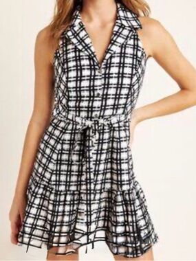 Anthropologie Maeve Black and White Plaid Mini Flounce Dress Sz 10 P Summer Chic